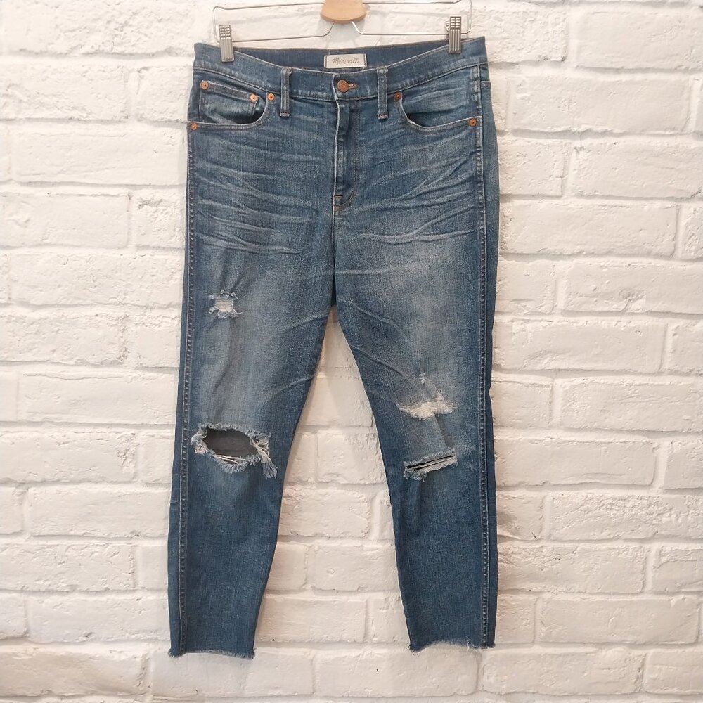 Madewell Skinny Jeans Womens 31 High Rise Blue Distressed Stretch Crop Short Raw